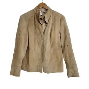 Coldwater Creek Beige Tan Suede Leather Flower Detail Jacket Coat Size Large
